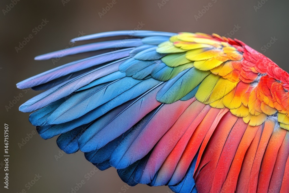 Fototapeta premium Close up of macaw wing shows vibrant, detailed colorful feathers. Use this striking image for themes of nature, beauty, and avian life.