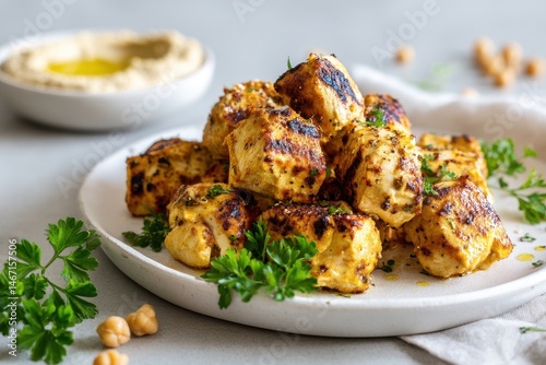 A plate of bite-sized grilled chicken pieces, golden and slightly charred, served with a small dish of creamy hummus. 