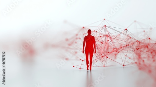Digital silhouette of a person walking through a network of connected nodes and lines in a modern abstract design