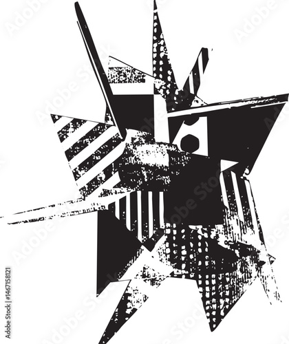 A dynamic fragmented star shape dominates the with sharp angles and intersecting lines.