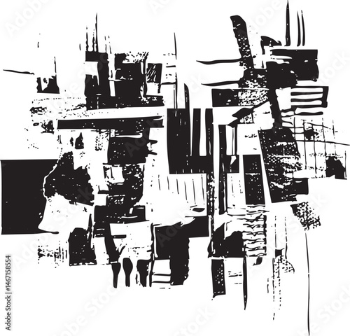 Black and white abstract shapes create a dynamic composition.