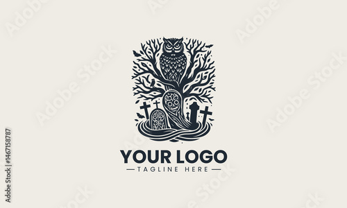 Vector logo with owl on bare tree above skull and tombstone silhouette