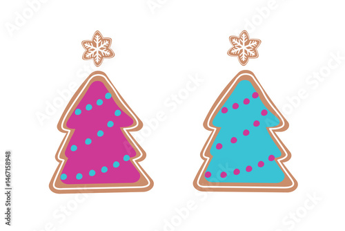 Vector gingerbread decorative Christmas tree cookie design elements set isolated on white background Vector Christmas decoration Christmas tree ginger bread cookie Red and white color. 
