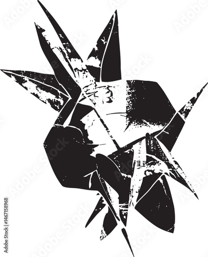 A shattered origami crane rests on a textured surface.