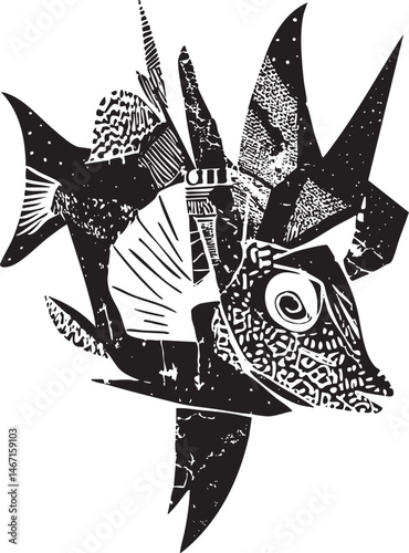 Two stylized fish engage in a playful interaction with intricate .