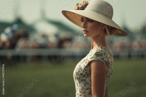Stylish women wearing floral dresses and wide-brimmed hats at a horse racing event, capturing the fashion and culture of Preakness Stakes or Derby Day.

