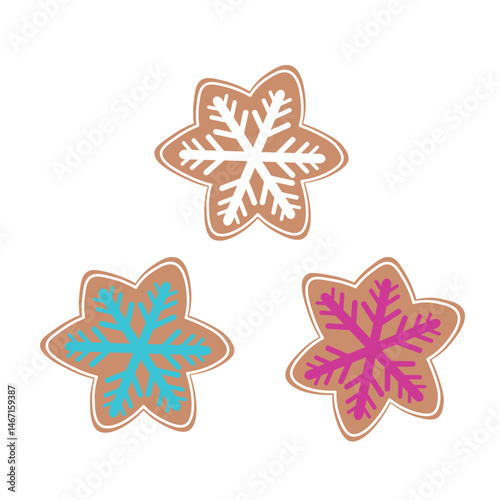 
Vector gingerbread Christmas snowflake cookie design elements isolated on white  background Vector Christmas decorations Sweet snowflakes gingerbread cookies design elements in magenta and blue color