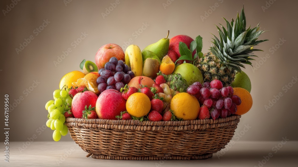 Colorful Fresh Fruit Basket with Variety of Apples, Grapes, Oranges, Pineapple, and Berries Colorful Fresh Fruit Basket with Variety of Apples, Grapes, Oranges, Pineapple, and Berries