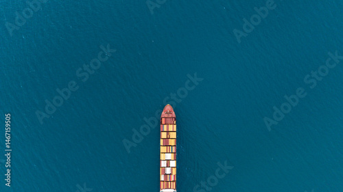 Top view Container ship full capacity approaching port International Container ship loading, unloading at sea port, Freight Transportation, Shipping,Logistics, import export, Transportation. Global