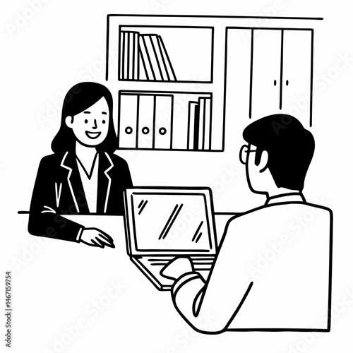 Happy young business woman meeting and consulting bank manager. Friendly realtor or real estate agent sitting at office desk, talking to client and showing project details on laptop computer screen