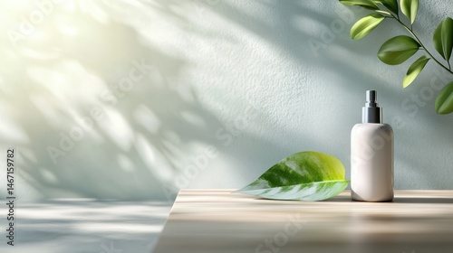 White cosmetic bottle on wooden table with leaf and sunlight shadows.