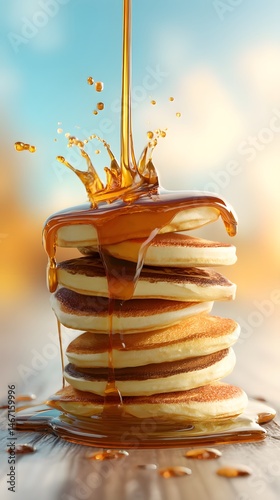 Pancake Stack with Pouring Syrup Splashing on Top, Drizzling Down Sides