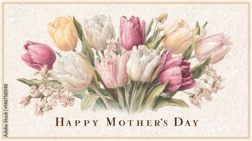 A bouquet of pastel tulips and small white flowers with happy mother's day written below them