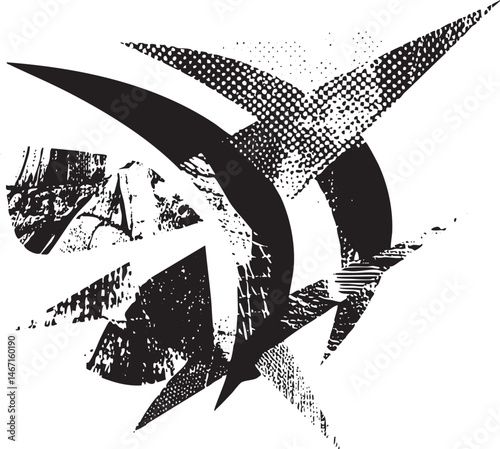 A stylized fragmented bird silhouette dominates a textured background.