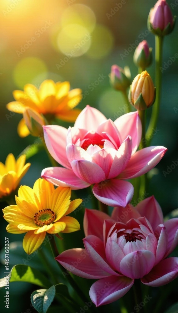 Fototapeta premium Sun-drenched floral arrangement, close-up view, purple, peony, beauty