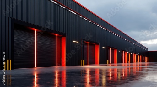 Modern black warehouse with red accents and multiple loading docks under a cloudy sky.