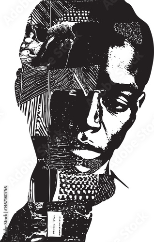 A black and white portrait showcases a man’s face composed of intricate geometric .