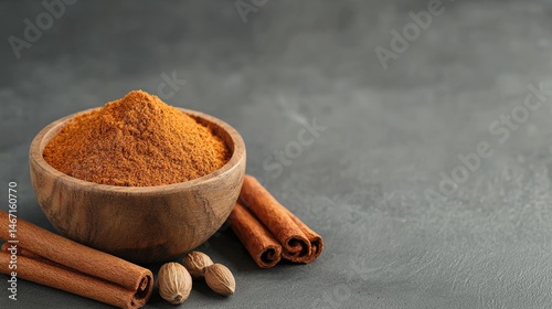 Fototapeta Naklejka Na Ścianę i Meble -  A wooden bowl of ground spice with cinnamon sticks and nutmegs on a gray surface.