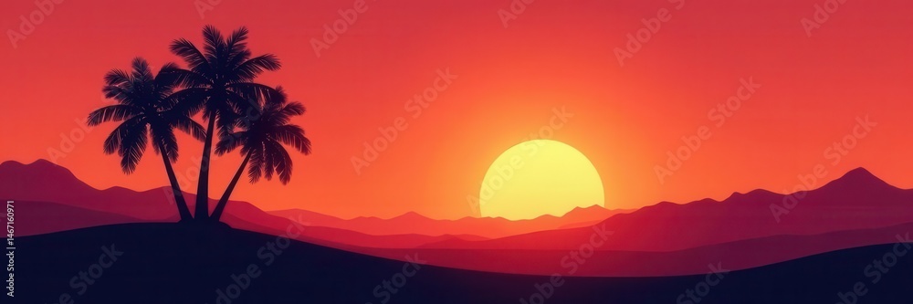 Silhouette of palm tree against desert oasis sunset , dry, sun Silhouette of palm tree against desert oasis sunset , dry, sun