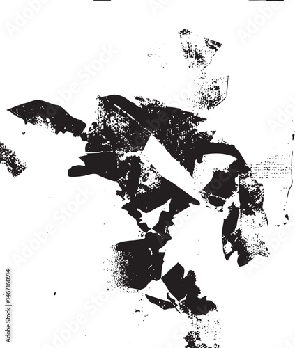 A fragmented abstract human silhouette appears against a textured white background.