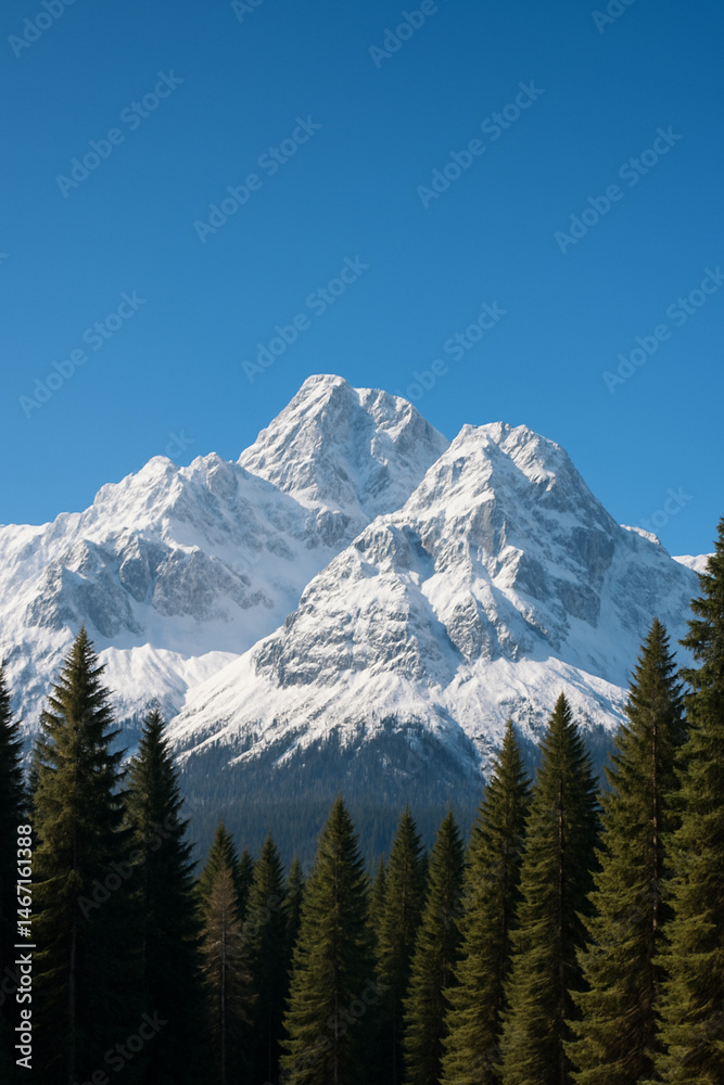 Obraz premium Snowy mountain range rising above a forest of pine trees under clear blue sky