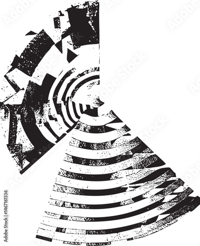 A fragmented swirling of black and white lines creates a dynamic abstract composition.