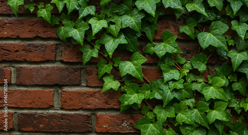 Lush Green Ivy Climbing On An Old Brick Wall After The Rain