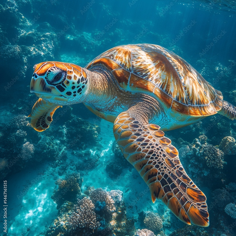 Fototapeta premium Sea Turtle Swimming Gracefully in Clear Ocean Water