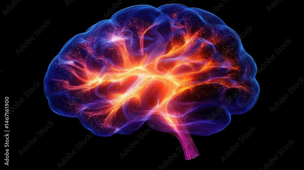 Glowing neural network with synaptic sparks, abstract brain hemisphere forming learning pathways - the essence of cognitive evolution Glowing neural network with synaptic sparks, abstract brain hemisphere forming learning pathways - the essence of cognitive evolution