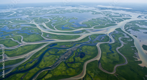 Aerial View Of River Delta With Green Landscape And Winding Waterways
