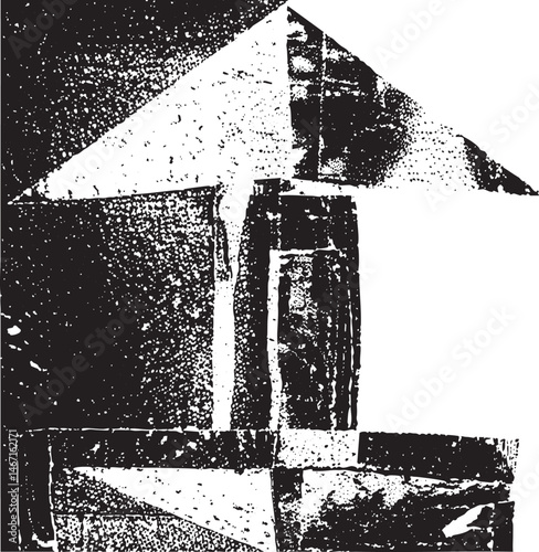 A stark geometric structure rises diagonally upward in a monochrome composition.