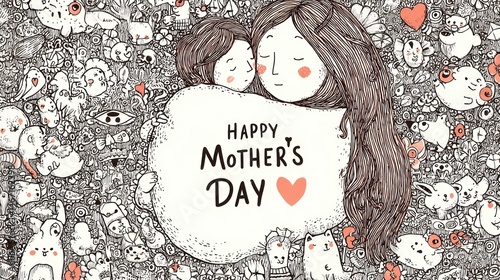 Illustration of mother and child with happy mother's day message and doodle background