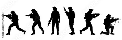 Vector silhouettes of female military personnel in walking, aiming, and kneeling poses, armed with rifles, Military women, armored army. Battlefield actions, movement, and combat-ready formations.