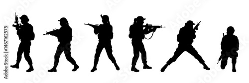 Set of vector military silhouettes of female soldiers walking, aiming, and standing in strategic battlefield positions with rifles. Global conflict, defense, and tactical readiness. Armored women