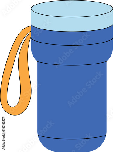 Blue thermal mug for hot drinks, keeping warm. Thermo mug for tea, coffee. Hiking mug with loop. Isolated vector illustration.