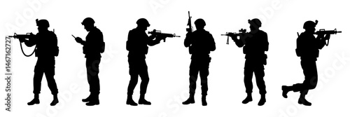 Set of 5 male soldier black silhouettes. Classic combat poses: kneeling, standing, aiming rifles. Military, war, special forces, battlefield concept. Abstract army shapes in flat vector style
