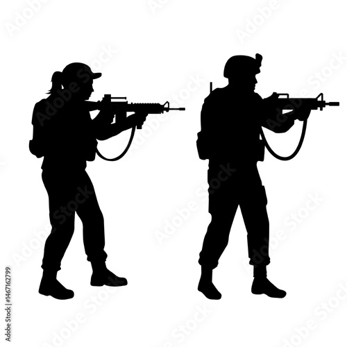 Silhouette of military man and woman standing and aiming with weapons in hand in a pose of readiness for battle. Armored army, soldiers, troops isolated on transparent background