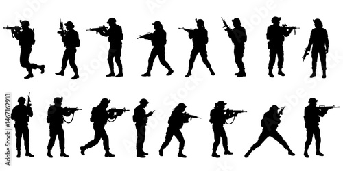 Big vector set of standing female and male soldiers, army, troops silhouettes isolated on transparent background. Various tactical poses, combat ready with rifles. Modern warfare, military personnel