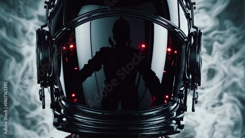 Futuristic astronaut in shadowy mist with glowing eyes and reflective helmet