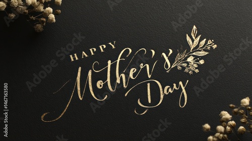 Happy mother's day message in gold lettering with floral accents on a dark background design