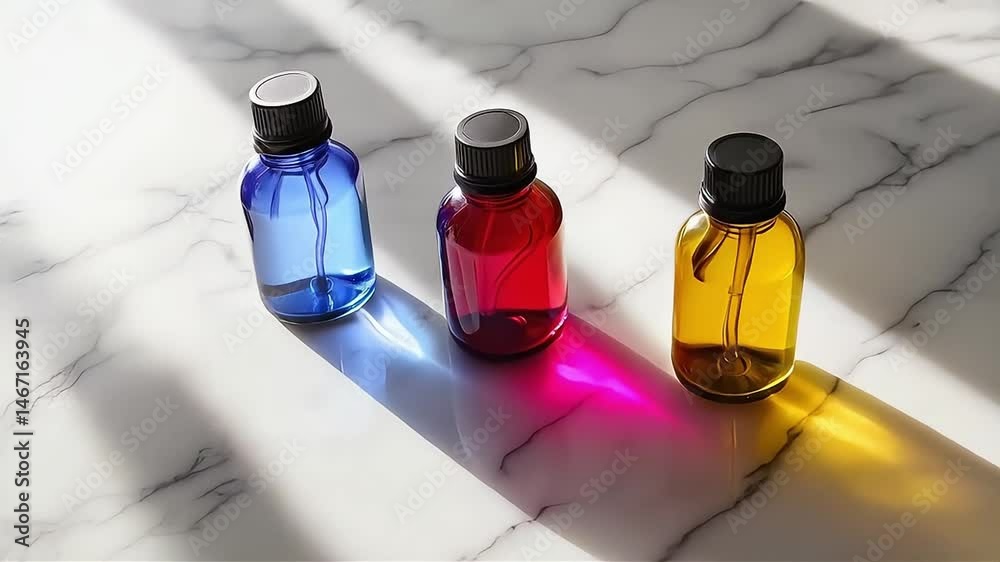 Three Glass Bottles With Colored Liquid on a Marble Surface
