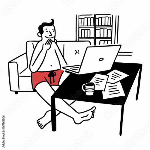 Online work at home. Funny man in red shorts communicates using laptop sitting at the table at home
