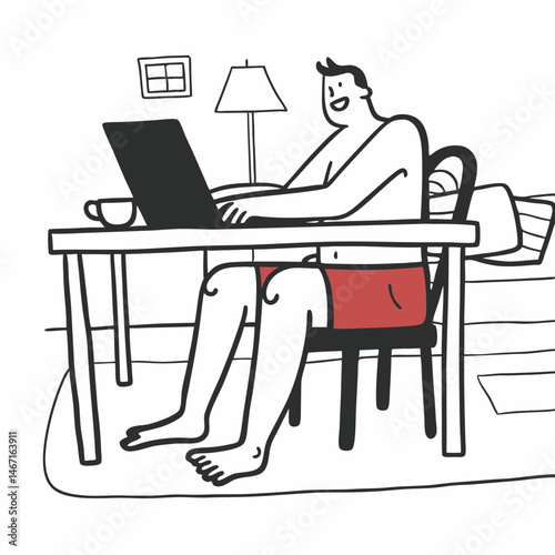 Online work at home. Funny man in red shorts communicates using laptop sitting at the table at home