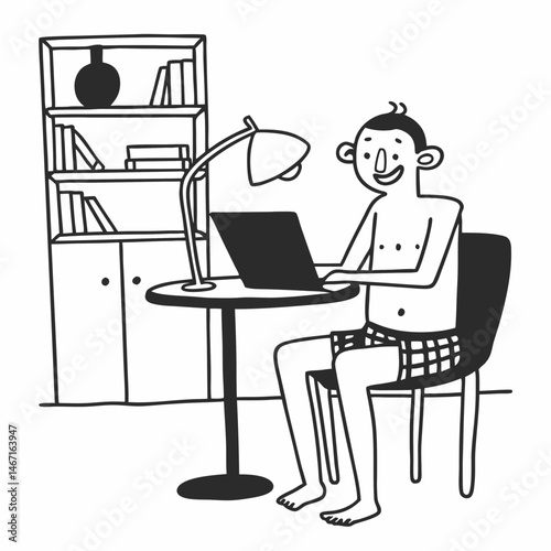 Online work at home. Funny man in red shorts communicates using laptop sitting at the table at home
