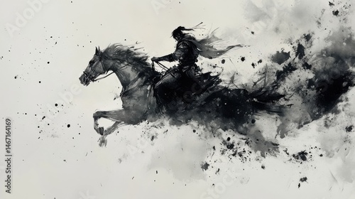 Traditional Ink Painting of a Warrior on Horseback