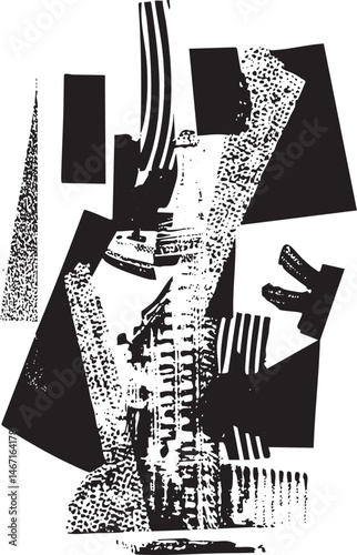 Geometric shapes overlap and intersect within a stark black and white composition.