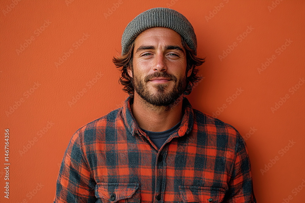Smiling Man in Beanie with Plaid Shirt Against Vibrant Orange Background Smiling Man in Beanie with Plaid Shirt Against Vibrant Orange Background
