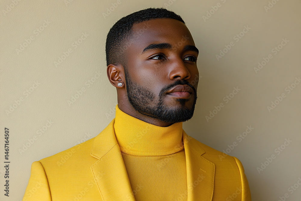 Obraz premium Stylish Young Man in Bright Yellow Suit and Turtleneck with Confident Expression