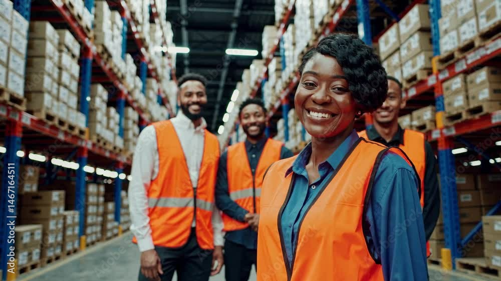 Diverse warehouse team smiling and collaborating in a busy industrial setting