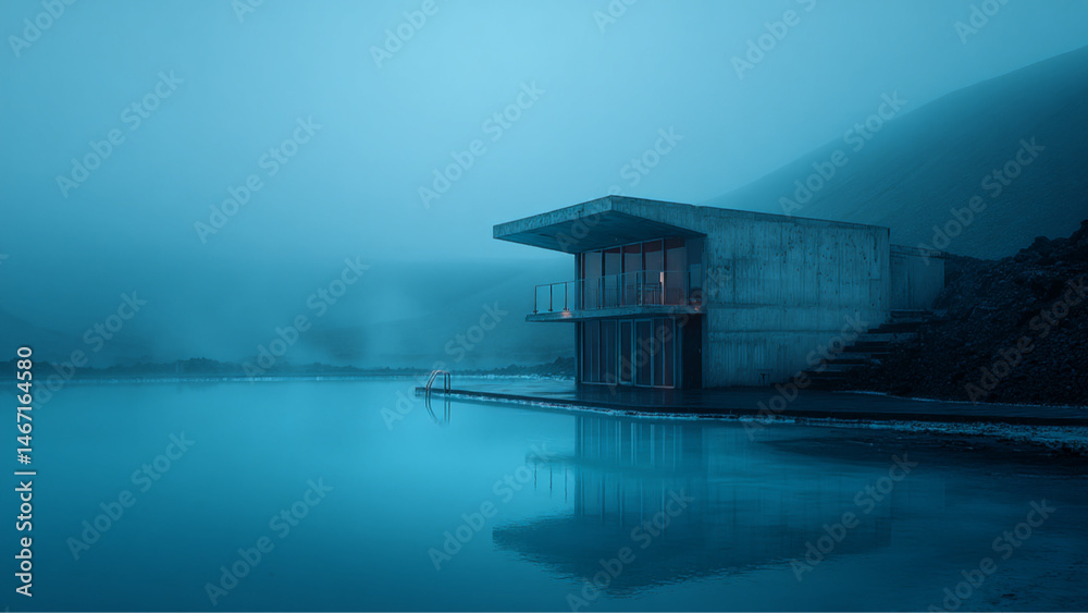 Night. brutalist hotel built into side of mountain, swimming pool, blue lagoon iceland, no clouds, northern lights, Minimalist. Minimalism. Ethereal. Dreamy dreamlike. steam, icelandic mountains